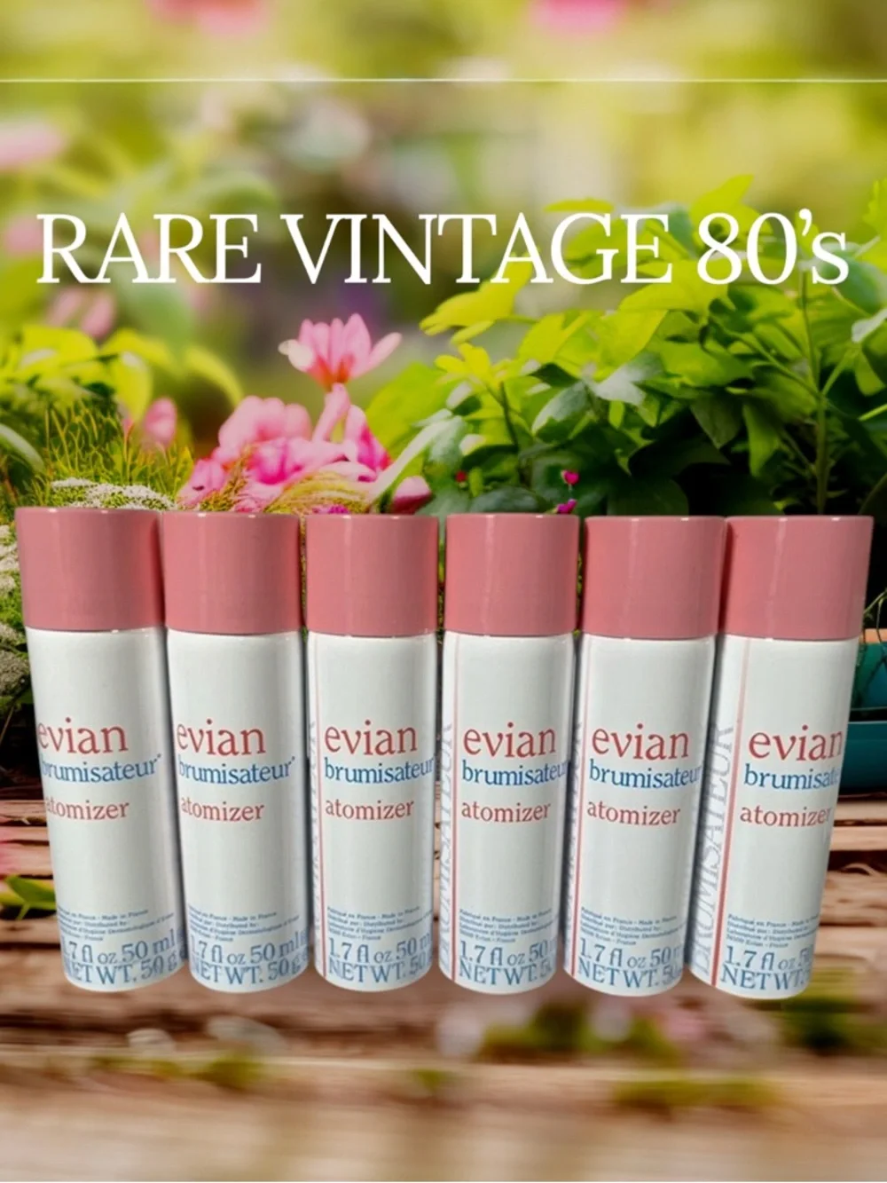 RARE VINTAGE 1980s Evian Brumisateur Atomizer Spray White Pink NEW 6 Pc Set
